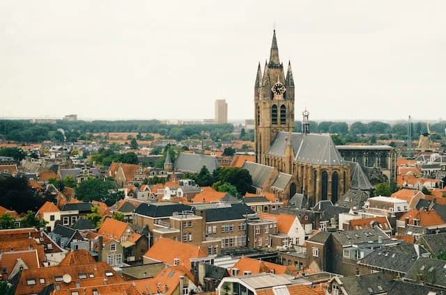 Canal and historic gabled houses in Delft, Netherlands