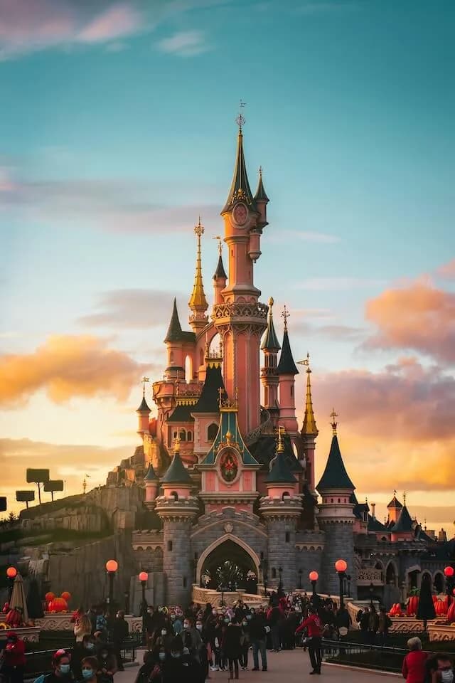 Sleeping Beauty Castle at Disneyland Paris at sunset