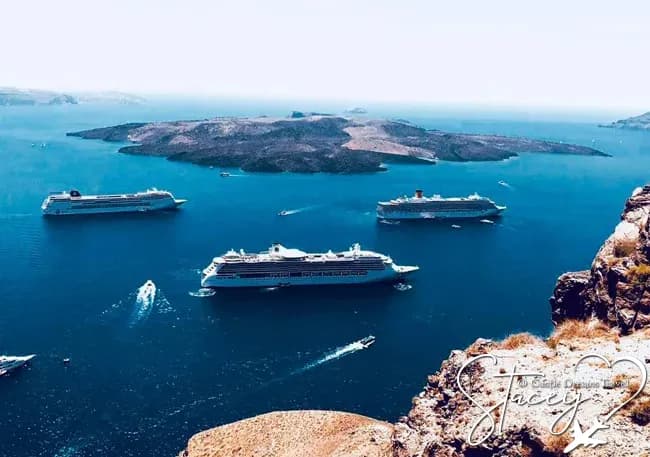 Cruise ship anchored off Santorini's caldera