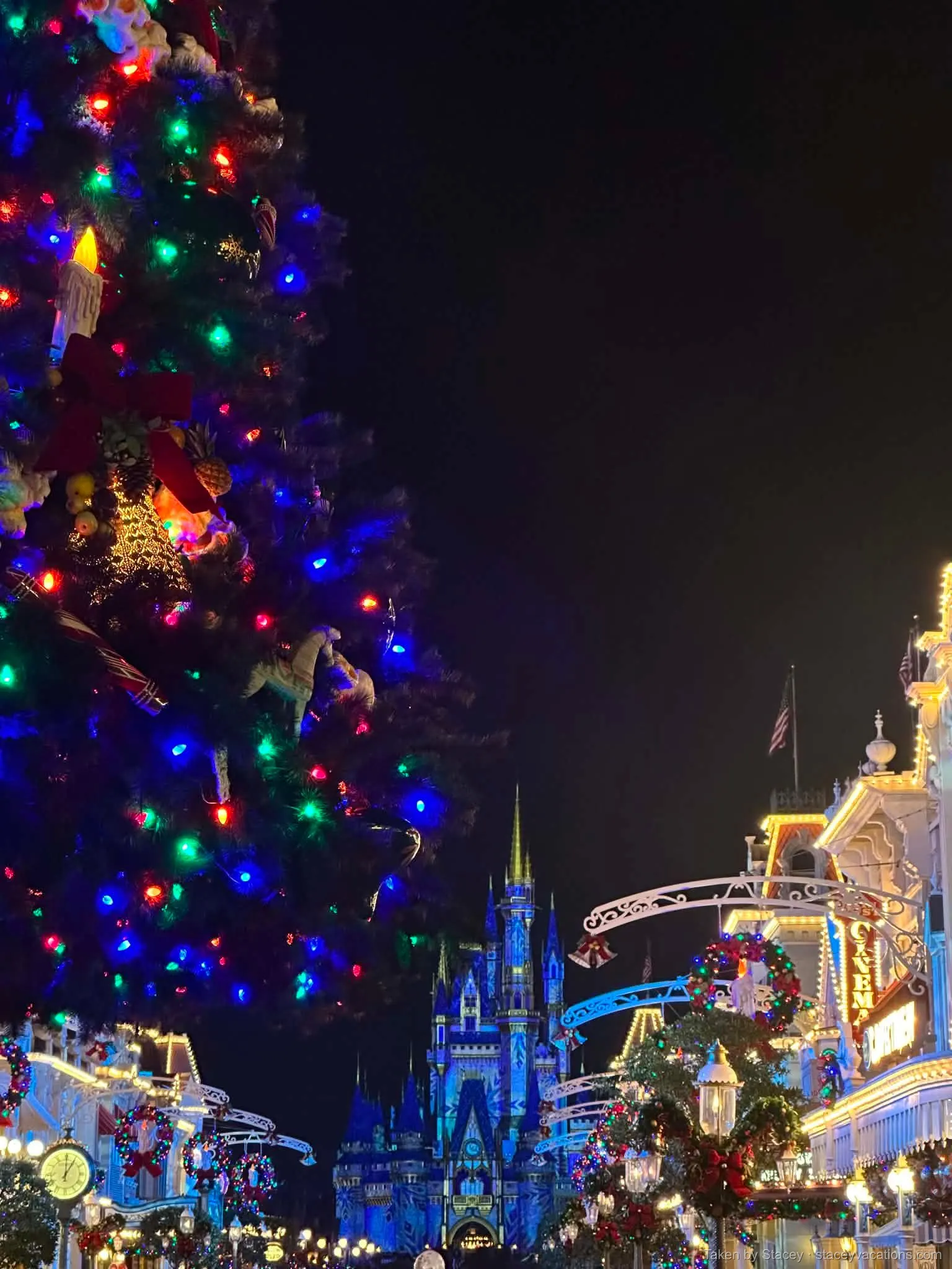 Towering Christmas tree on Main Street, U.S.A. at Magic Kingdom — photo by Stacey