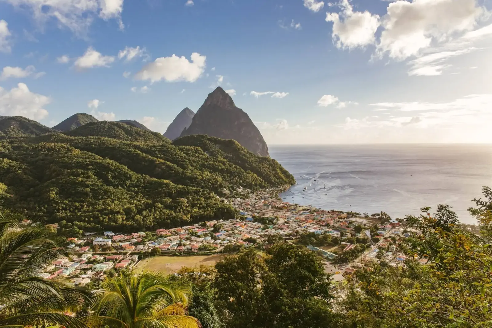 The Pitons rising dramatically from the sea in St. Lucia