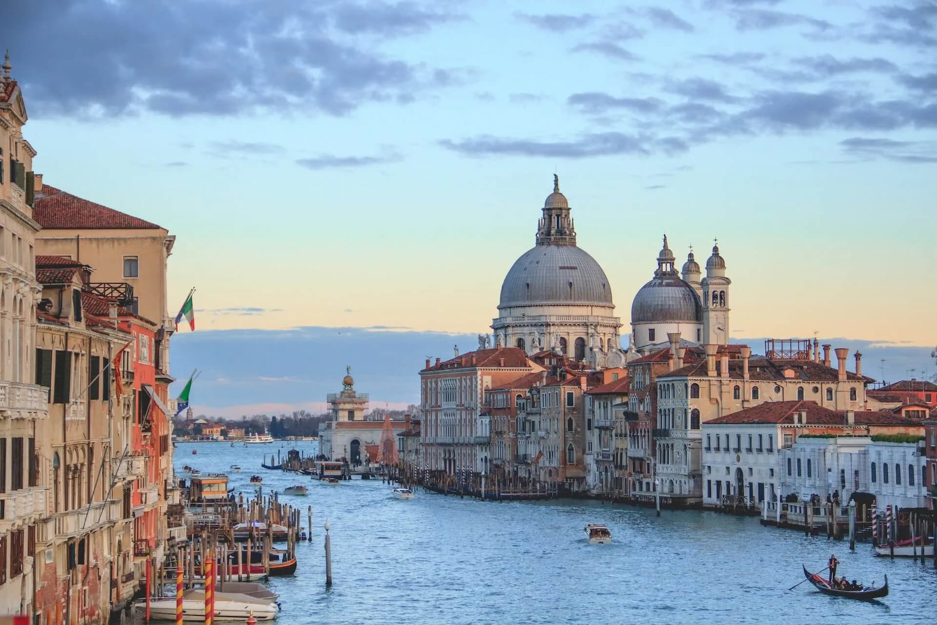 Gondolas on a canal in Venice, Italy